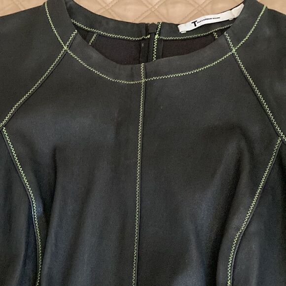 T by Alexander Wang Long Sleeve Black Leather Mini Dress/Green Stitching. Size 2 - Picture 2 of 7